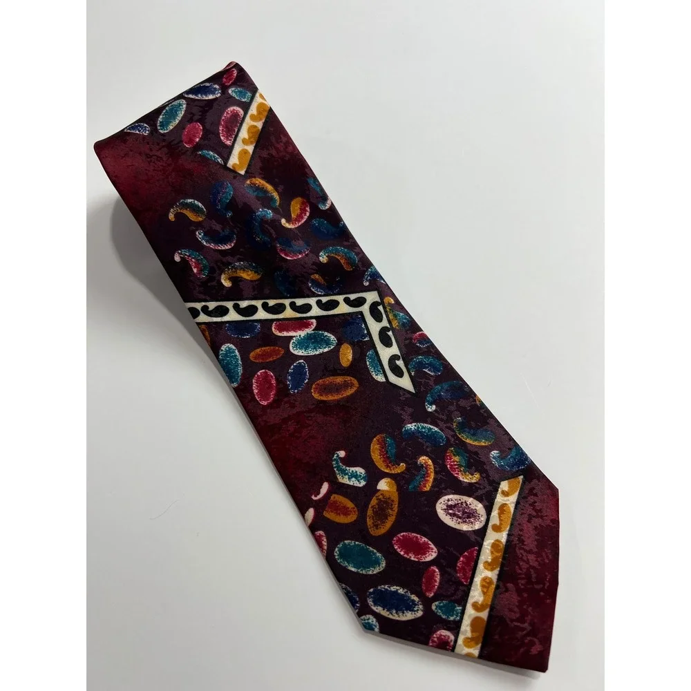 Vintage Designer Silk House Tie OS Burgundy Paisley Abstract‎ Geometric Silk A22